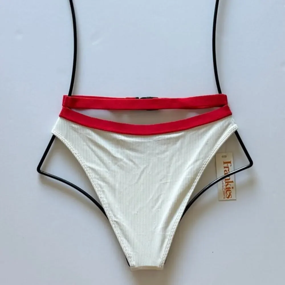 Frankies Bikinis Kiki High Waisted Buckle Bikini Bottom - White Red - S - NWT